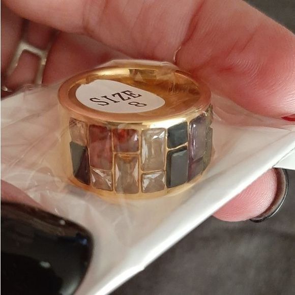 Gold solid titanium multi color Swarovski crystal boho ring sz 9 new - Picture 9 of 9